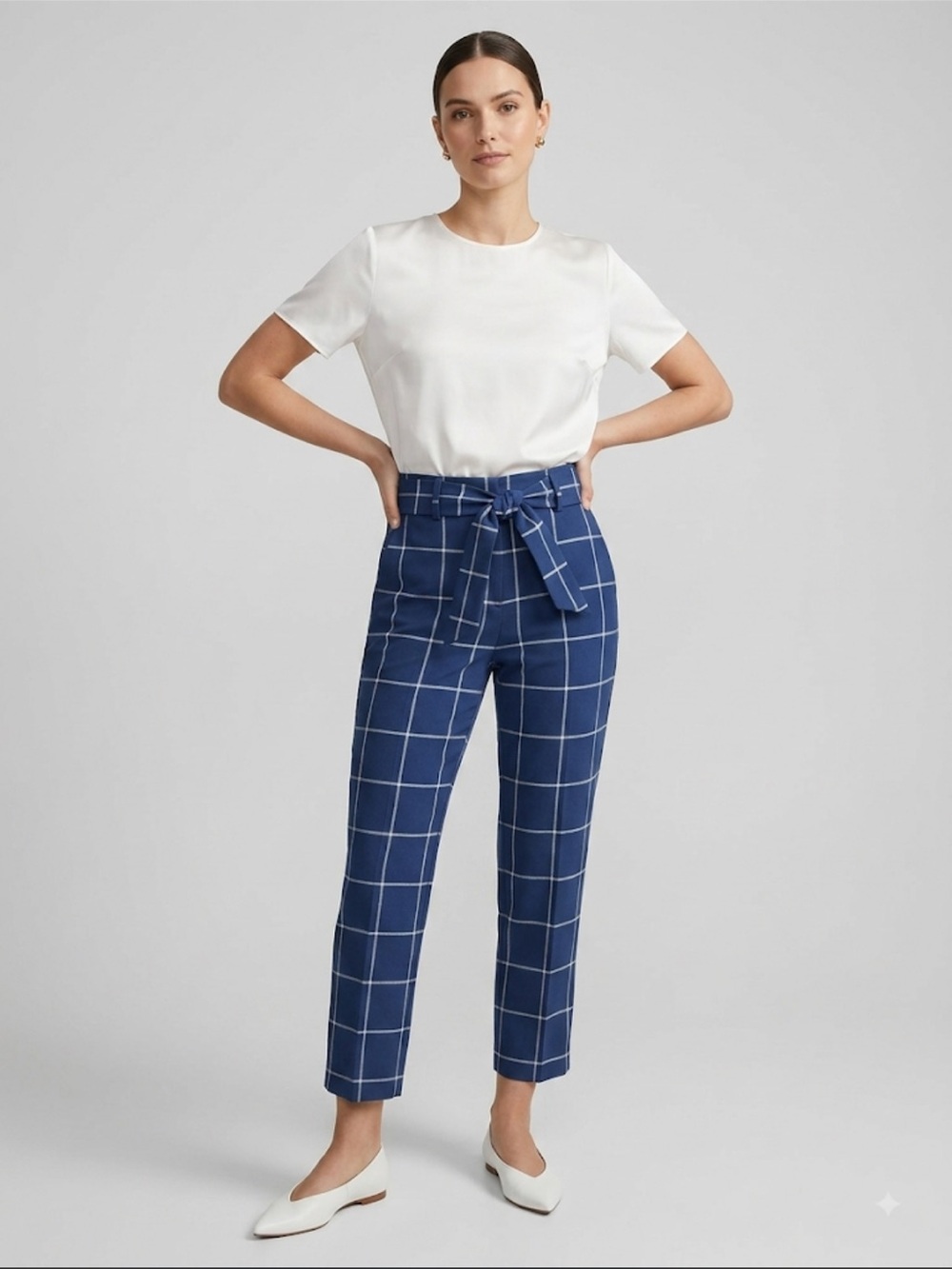 DKNY Womens Size 8 Blue Plaid Belted Ankle Dress Pants Windowpane Trousers ⭐️